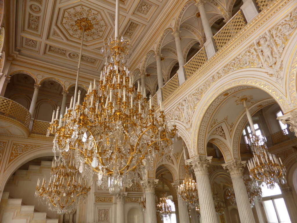 Chandeleers, galleries and ceiling of the Pavilion Hall at the First Floor of the Winter Palace of the State Hermitage Museum