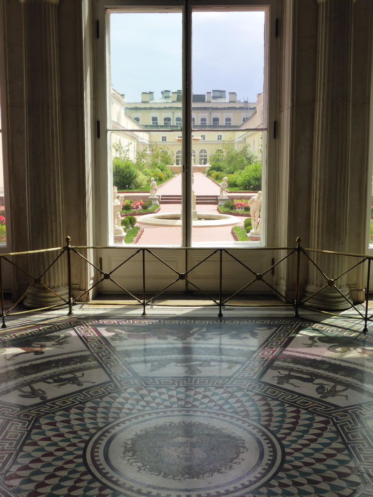 Mosaic Floor at the Pavilion Hall at the First Floor of the Winter Palace of the State Hermitage Museum, with a view on the Hanging Garden of the Small Hermitage