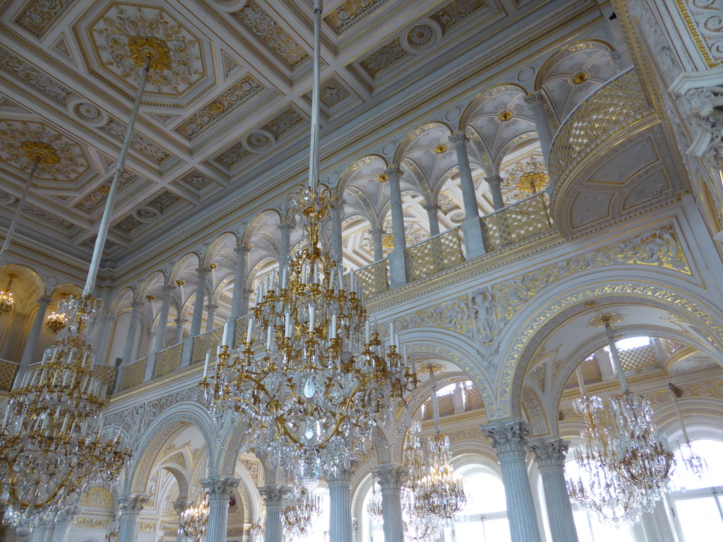 Chandeleers, galleries and ceiling of the Pavilion Hall at the First Floor of the Small Hermitage of the State Hermitage Museum