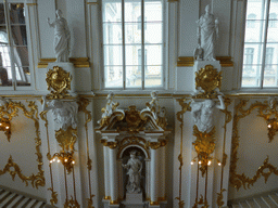 Sculpture `Justice` and two other sculptures at the Jordan Staircase of the Winter Palace of the State Hermitage Museum, viewed from above