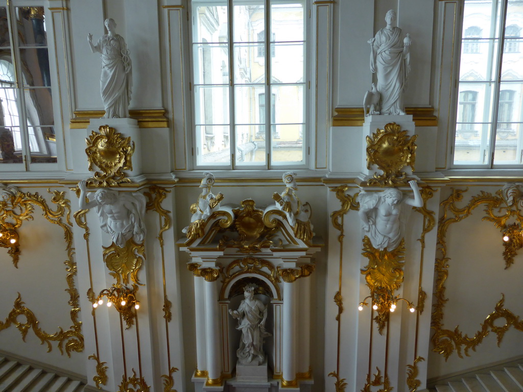Sculpture `Justice` and two other sculptures at the Jordan Staircase of the Winter Palace of the State Hermitage Museum, viewed from above