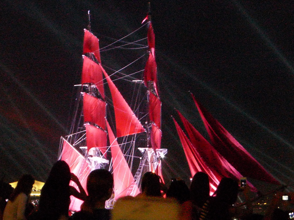 The Shtandart frigate in the Neva river during the Scarlet Sails celebration, by night