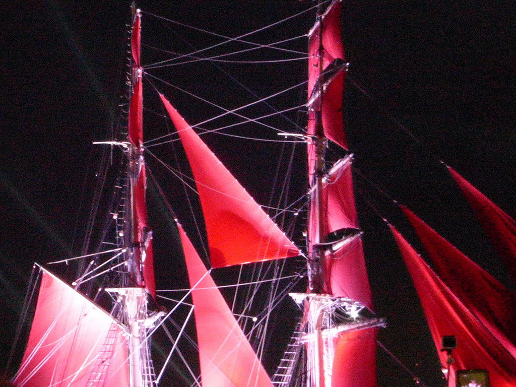 The Shtandart frigate in the Neva river during the Scarlet Sails celebration, by night