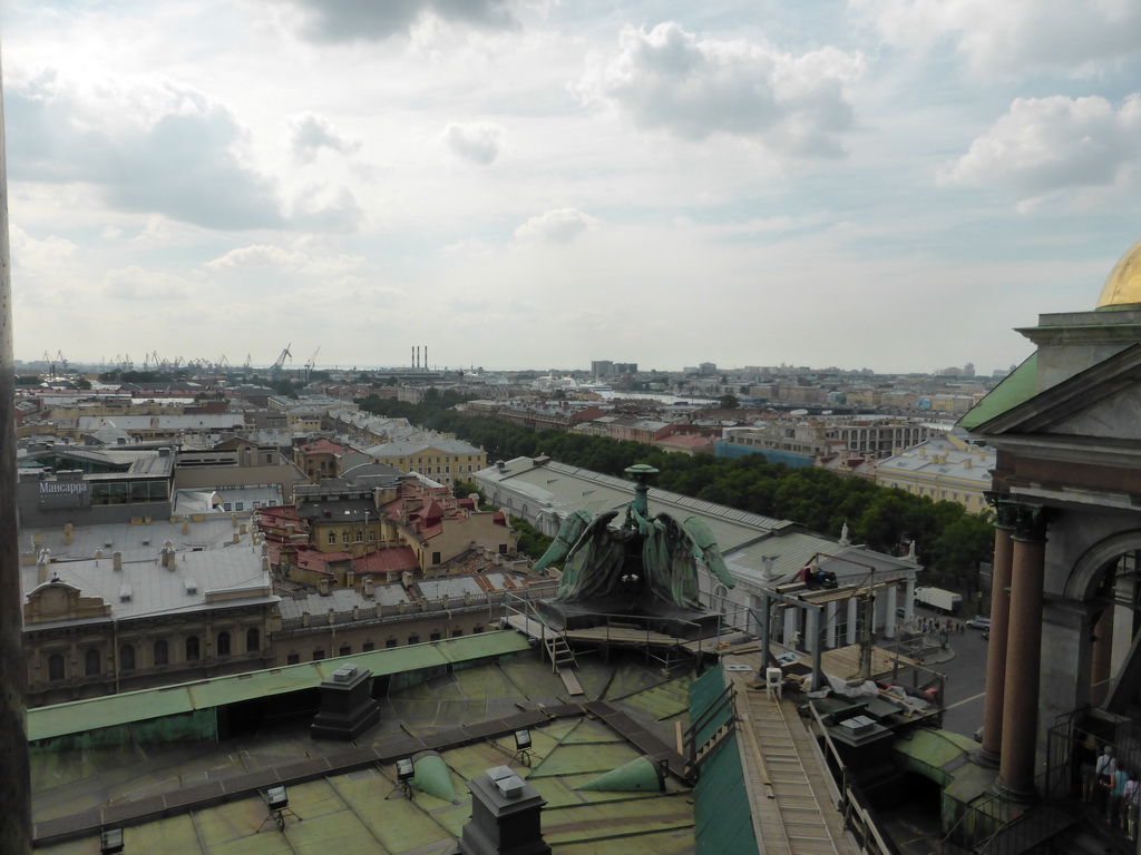 Roof of Saint Isaac`s Cathedral, with a view on the west side of the city with the Manege Central Exhibition Hall and Konnogvardeysky Boulevard