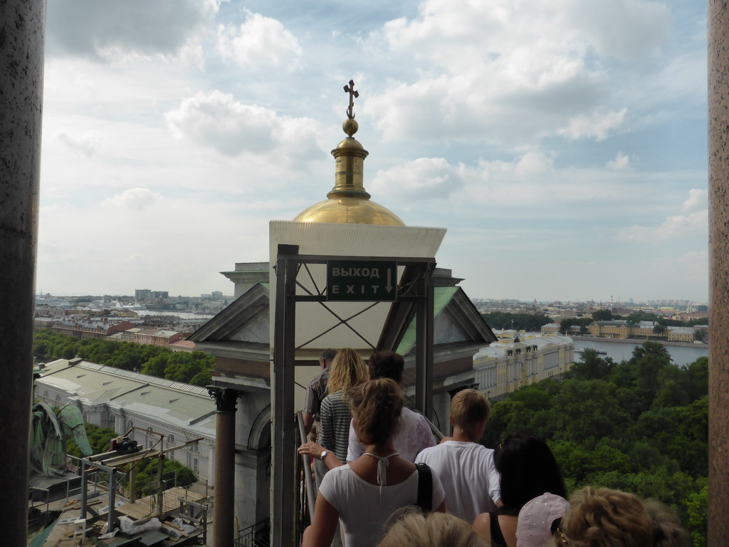 Northern small dome of Saint Isaac`s Cathedral, with a view on the north side of the city, with the Neva river, the Manege Central Exhibition Hall and the Aleksandrovsky Garden