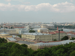 The northeast side of the city with the Aleksandrovsky Garden, the east side tower of the Admiralty, the Neva river, the Kunstkamera museum, the Old Saint Petersburg Stock Exchange and a Rostral Column, viewed from the roof of Saint Isaac`s Cathedral