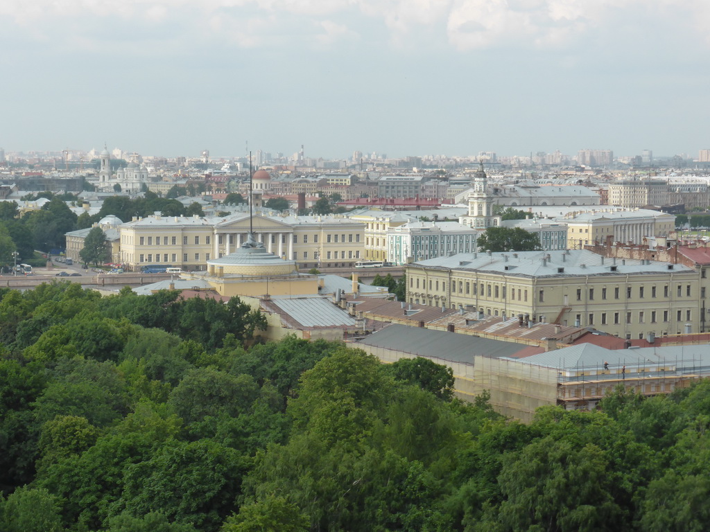 The northeast side of the city with the Aleksandrovsky Garden, the east side tower of the Admiralty, the Kunstkamera museum and the Old Saint Petersburg Stock Exchange, viewed from the roof of Saint Isaac`s Cathedral