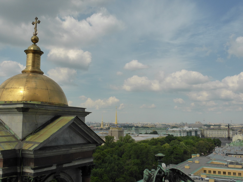 Northern small dome of Saint Isaac`s Cathedral, with a view on the northeast side of the city, with the Aleksandrovsky Garden, the tower of the Admiralty, the Winter Palace of the State Hermitage Museum, the tower of the Peter and Paul Cathedral at the Peter and Paul Fortress and Palace Square with the Alexander Column