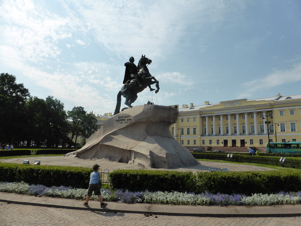 Statue `The Bronze Horseman` at Senatskaya Square and the Senate buildings