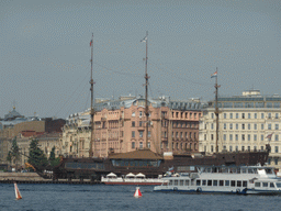 Restaurant boat `The Flying Dutchman` in the Neva river, viewed from the hydrofoil to Peterhof