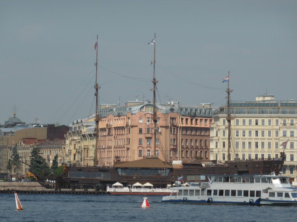 Restaurant boat `The Flying Dutchman` in the Neva river, viewed from the hydrofoil to Peterhof