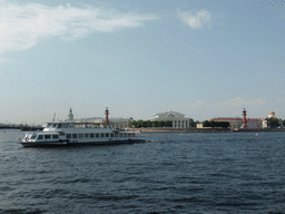 Boat in the Neva river, the Kunstkamera museum, the Zoological Museum, the Old Saint Petersburg Stock Exchange and a Rostral Column, viewed from the hydrofoil to Peterhof