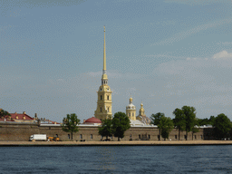 The Peter and Paul Fortress with the towers of the Peter and Paul Cathedral and the Grand Ducal Burial Chapel, viewed from the hydrofoil to Peterhof