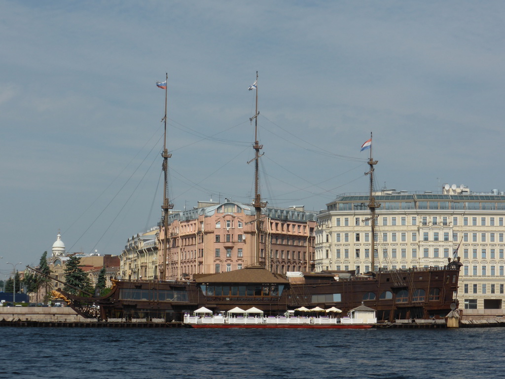 Restaurant boat `The Flying Dutchman` in the Neva river, viewed from the hydrofoil to Peterhof