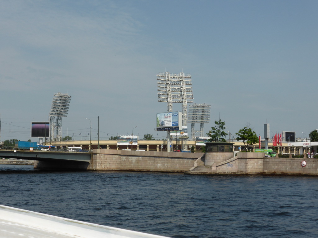 The Petrovsky stadium and the Tuchkov Bridge over the Malaya Neva river, viewed from the hydrofoil to Peterhof