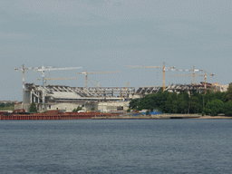 Football stadium under construction at Krestovsky Island and the Malaya Neva river, viewed from the hydrofoil to Peterhof