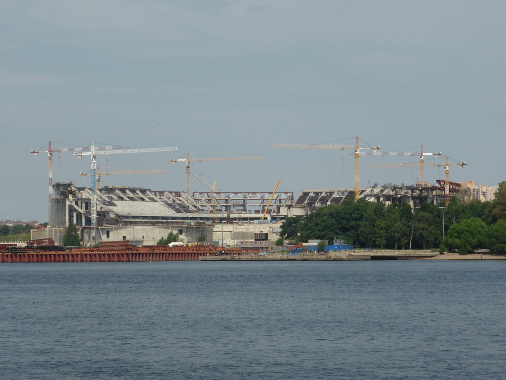 Football stadium under construction at Krestovsky Island and the Malaya Neva river, viewed from the hydrofoil to Peterhof