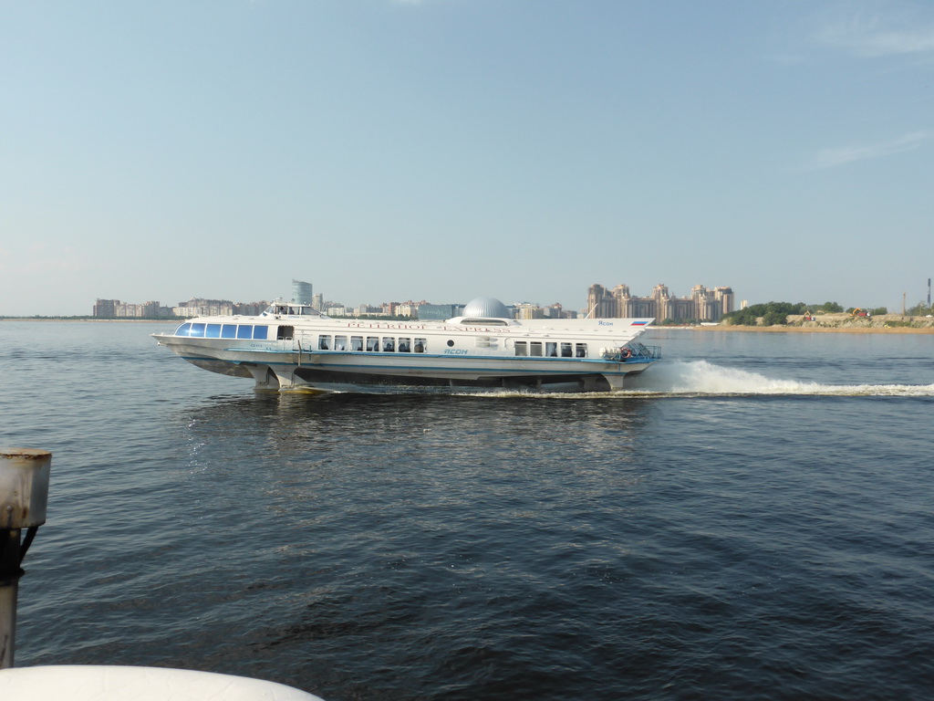 Hydrofoil in the Gulf of Finland and the Piterland Shopping Center, viewed from the hydrofoil from Peterhof