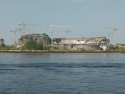 Football stadium under construction at Krestovsky Island and the Malaya Neva river, viewed from the hydrofoil from Peterhof