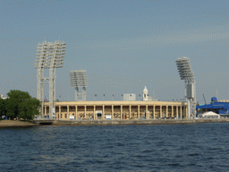 The Petrovsky stadium, St. Prince Vladimir`s Cathedral and the Malaya Neva river, viewed from the hydrofoil from Peterhof