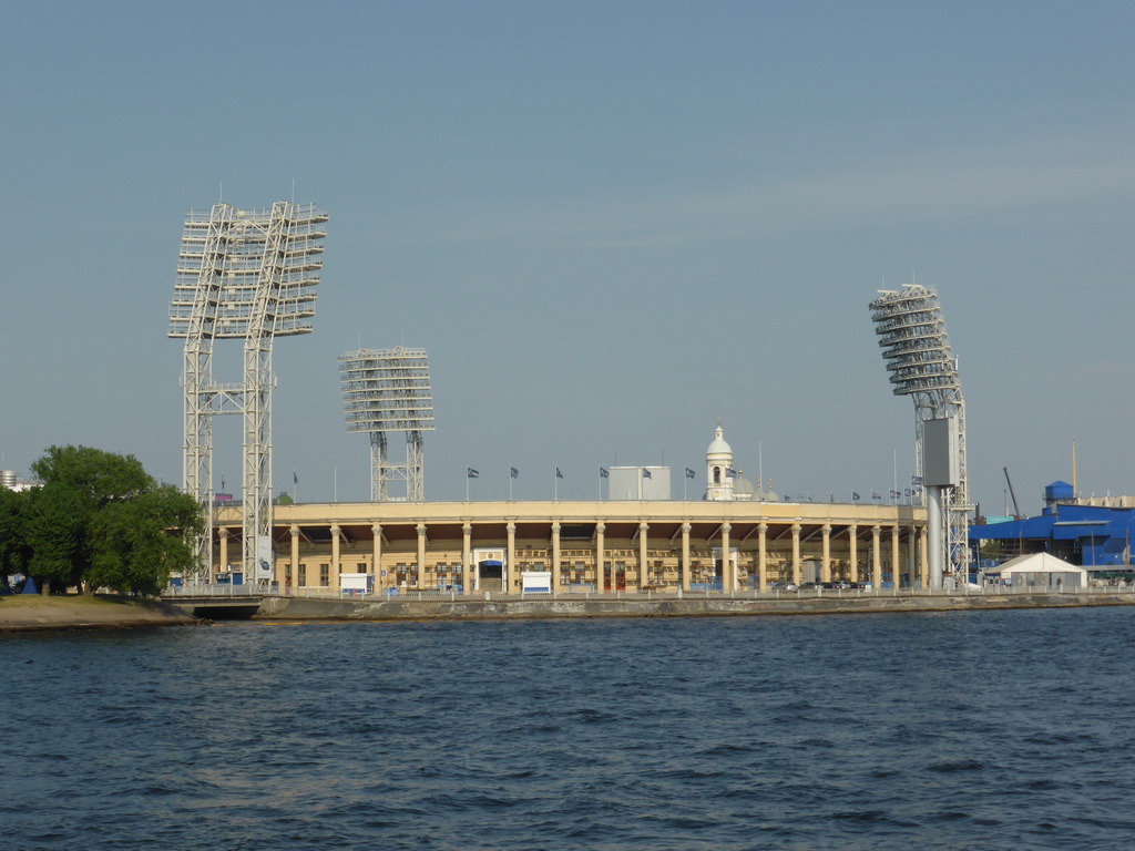 The Petrovsky stadium, St. Prince Vladimir`s Cathedral and the Malaya Neva river, viewed from the hydrofoil from Peterhof