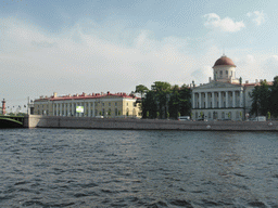 The Birzhevoy Bridge over the Malaya Neva river, a Rostral Column and the Pushkin House, viewed from the hydrofoil from Peterhof