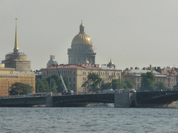 The Palace Bridge over the Neva river, the tower of the Admiralty and the Dome of St. Isaac`s Cathedral, viewed from the hydrofoil from Peterhof