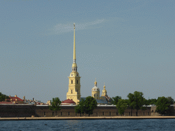 The towers of the Peter and Paul Cathedral and the Grand Ducal Burial Chapel at the Peter and Paul Fortress, and the Neva river, viewed from the hydrofoil from Peterhof