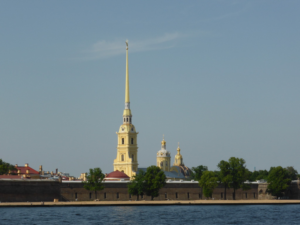 The towers of the Peter and Paul Cathedral and the Grand Ducal Burial Chapel at the Peter and Paul Fortress, and the Neva river, viewed from the hydrofoil from Peterhof