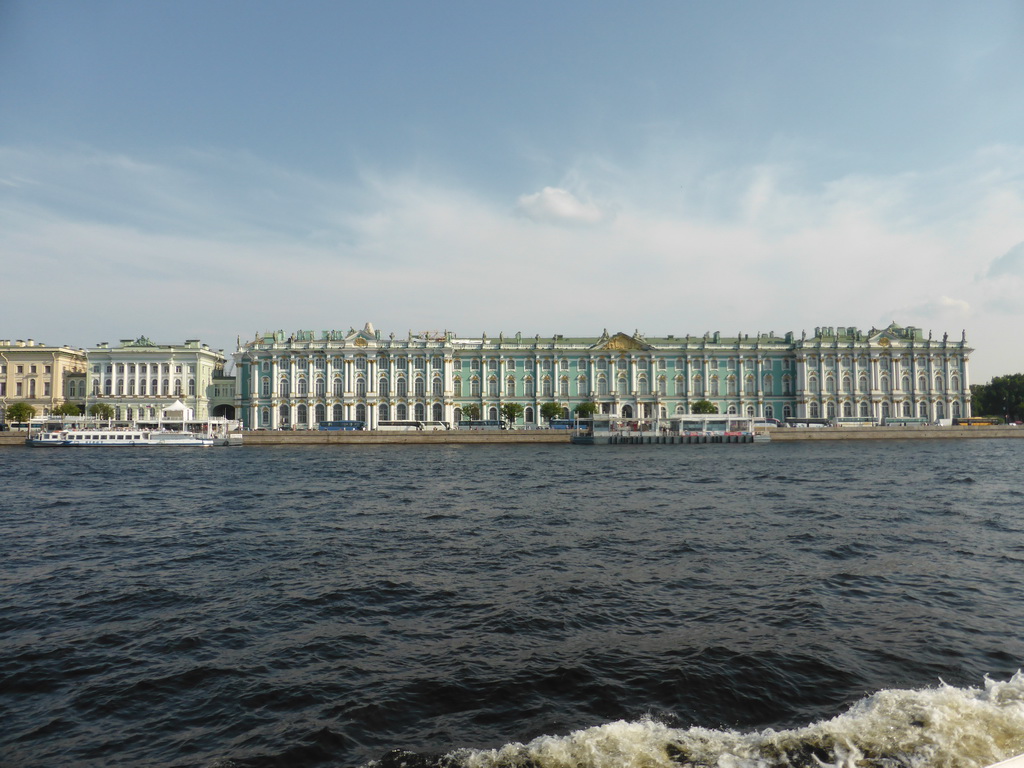 The Small Hermitage and the Winter Palace of the State Hermitage Museum, and the Neva river, viewed from the hydrofoil from Peterhof