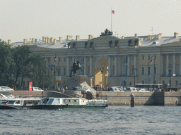 The Senate buildings, the statue `The Bronze Horseman` at Senatskaya Square and the Neva river, viewed from the hydrofoil from Peterhof