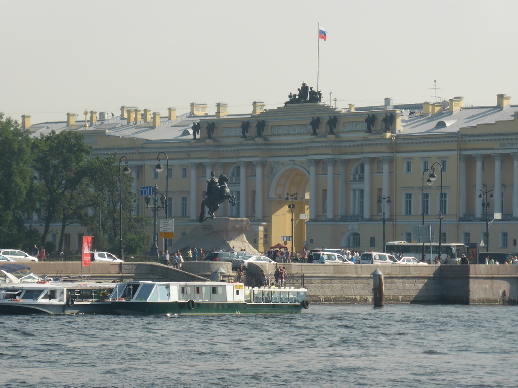 The Senate buildings, the statue `The Bronze Horseman` at Senatskaya Square and the Neva river, viewed from the hydrofoil from Peterhof