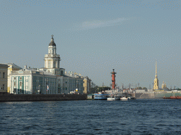 The Neva river, the Kunstkamera museum, a Rostral Column, the tower of the Peter and Paul Cathedral at the Peter and Paul Fortress and the Neva river, viewed from the hydrofoil from Peterhof