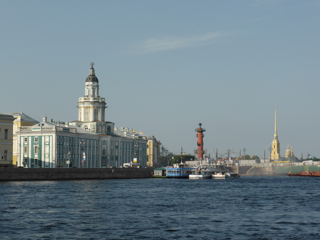 The Neva river, the Kunstkamera museum, a Rostral Column, the tower of the Peter and Paul Cathedral at the Peter and Paul Fortress and the Neva river, viewed from the hydrofoil from Peterhof