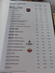 Drinks menu at the Terrassa restaurant at Kazanskaya Square