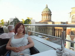 Miaomiao at the rooftop terrace of the Terrassa restaurant at Kazanskaya Square, with a view on the Kazan Cathedral