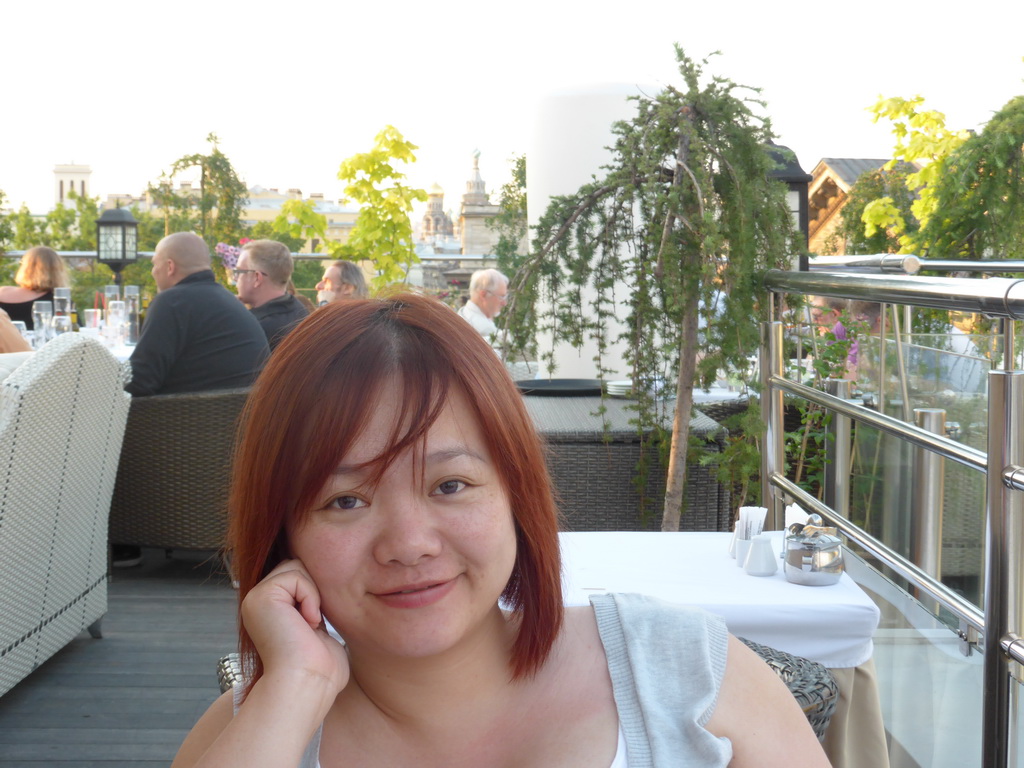 Miaomiao at the rooftop terrace of the Terrassa restaurant at Kazanskaya Square