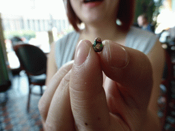 Miaomiao with the smallest Matryoshka doll at Cafe Singer at the Nevskiy Prospekt street