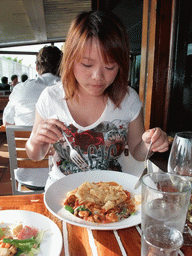 Miaomiao having dinner in the restaurant `World Famous` at Pacific Beach Drive