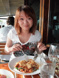Miaomiao having dinner in the restaurant `World Famous` at Pacific Beach Drive