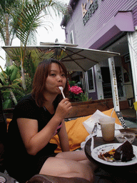 Miaomiao having cake and coffee at Kahve Coffee House at Mission Boulevard
