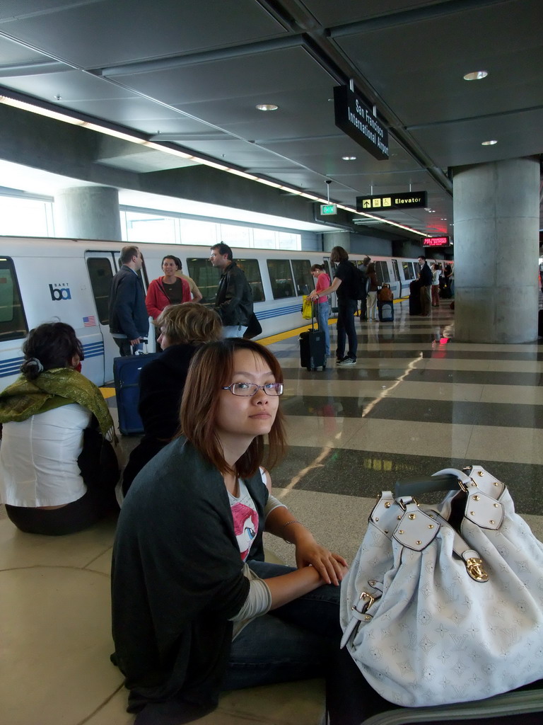 Miaomiao at the shuttle at San Francisco International Airport