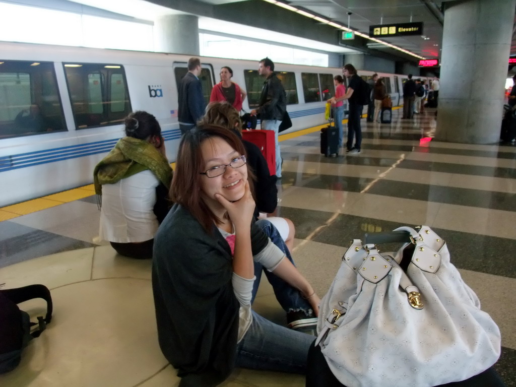 Miaomiao at the shuttle at San Francisco International Airport