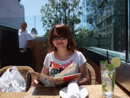 Miaomiao having a drink at the Cheesecake Factory restaurant at Macy`s department store