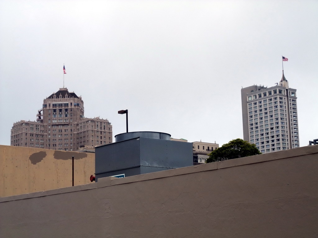 The InterContinental Mark Hopkins Hotel and the Fairmont San Francisco Hotel, viewed from the roof of the Baldwin Hotel at Grand Avenue
