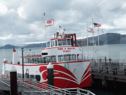 Boat in San Francisco Bay and Alcatraz Island, viewed from the Franciscan Crab Restaurant