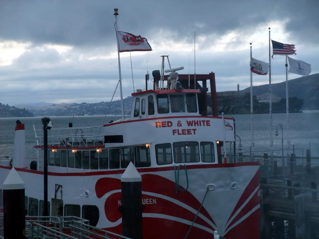 Boat in San Francisco Bay and Alcatraz Island, viewed from the Franciscan Crab Restaurant