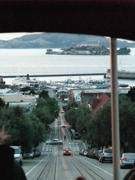 View on San Francisco Bay and Alcatraz Island from a tram at Hyde street, at sunset