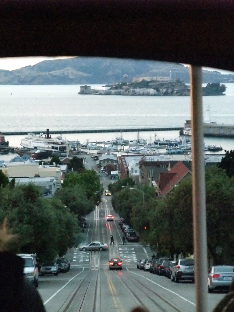 View on San Francisco Bay and Alcatraz Island from a tram at Hyde street, at sunset