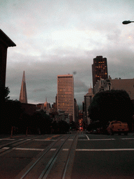 View on the Transamerica Pyramid, 650 California Street and 555 California Street from a tram at California street, at sunset